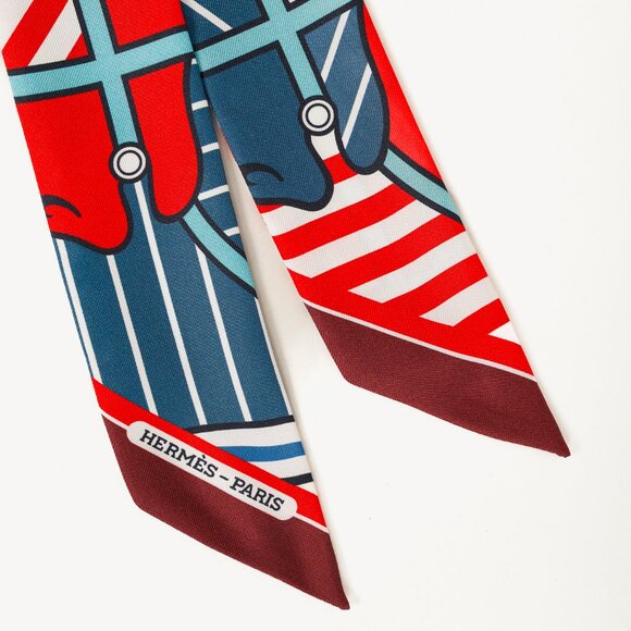 Hermes Silk Quadridge Rouge Bleu Blanc Horse Stripes Silk Twilly - Picture 4 of 6